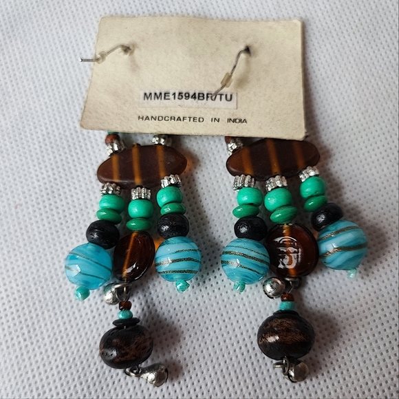 Brown Turquoise Venetian Glass Tortoise Beaded Island Harry Haslett Earrings - Picture 2 of 4